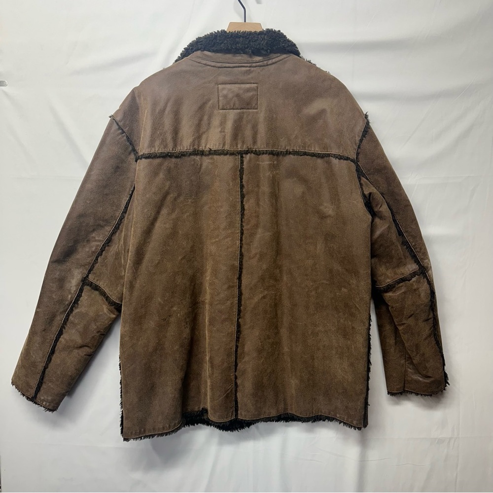GUESS Genuine Leather Shearling Jacket Brown Sherpa Lined Coat Men’s XL - Picture 3 of 7